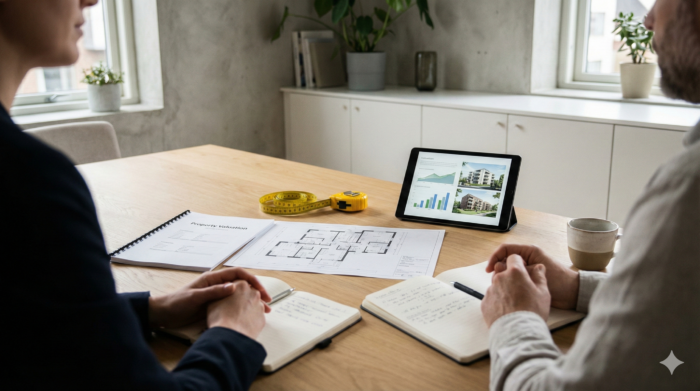 Wie wird der Angebotspreis einer Immobilie auf Sylt ermittelt? Zwei Personen sitzen an einem Tisch und schauen sich den Grundriss eines Immobilie an