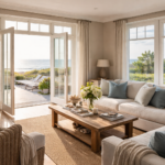Immobilie auf Sylt: Wohnzimmer mit Terrasse und Blick auf die Nordsee