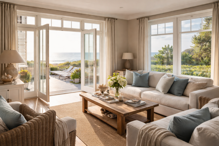 Immobilie auf Sylt: Wohnzimmer mit Terrasse und Blick auf die Nordsee